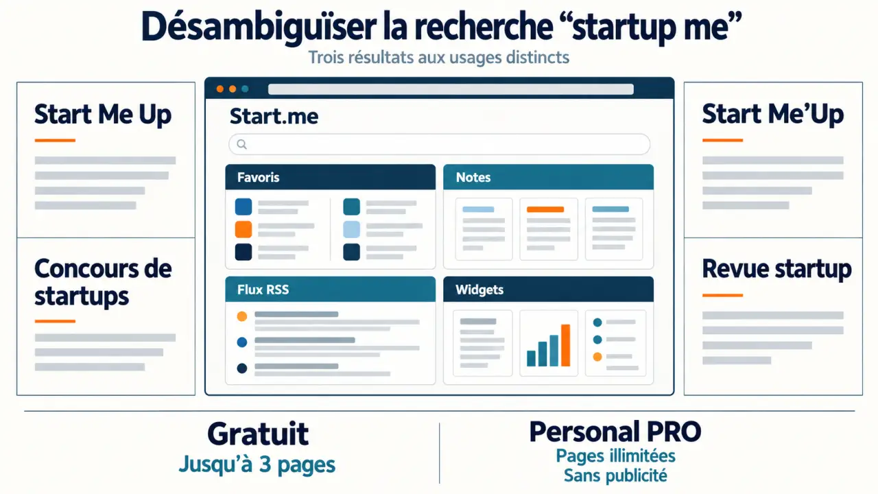 Infographie startup me distinguant Start.me, Start Me Up et Start Me’Up avec les principales fonctionnalités