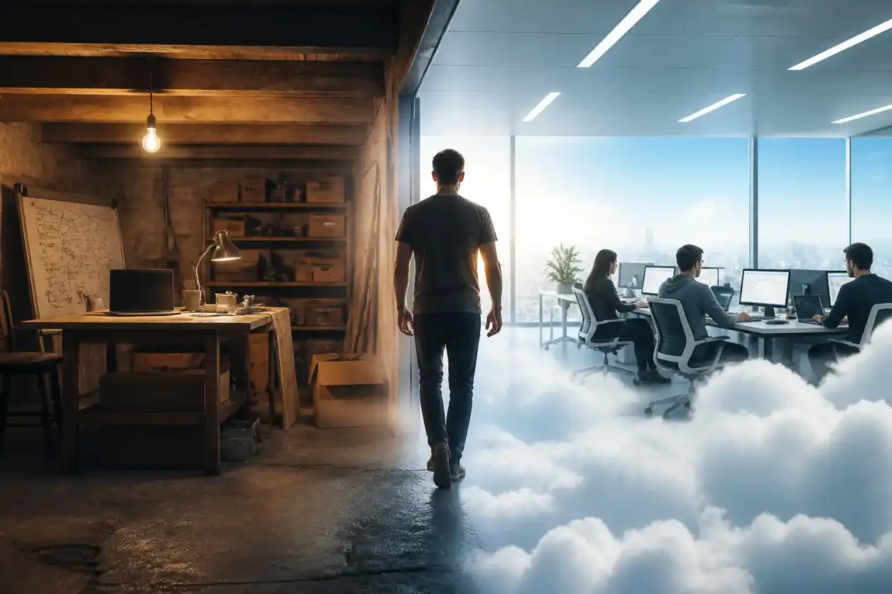 Illustration d'une transition technologique de serveurs physiques vers une architecture cloud