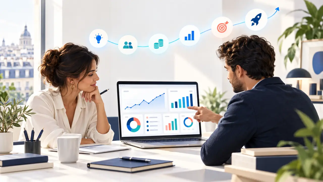 Tableau de bord financier d'une startup affichant des indicateurs de croissance et de trésorerie