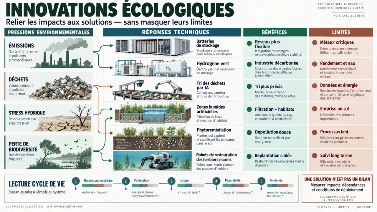 Infographie sur les innovations écologiques, leurs applications et leurs limites sur le cycle de vie