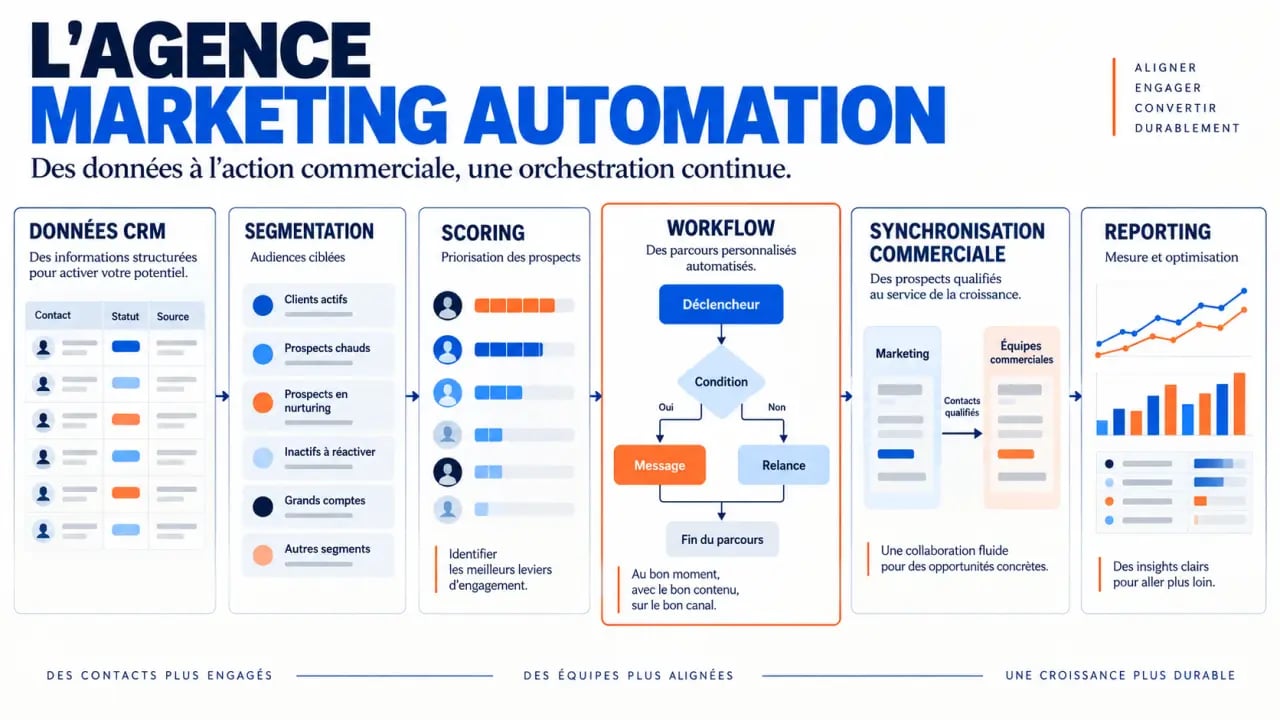 Schéma du fonctionnement d'une agence marketing automation entre données, CRM, workflows et reporting