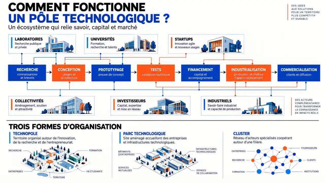 Pôle technologique : schéma des acteurs et des étapes de l'innovation jusqu'à l'industrialisation