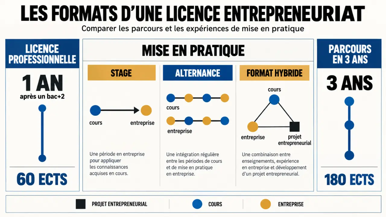 Licence entrepreneuriat : comparaison des durées, crédits ECTS, stage, alternance et format hybride