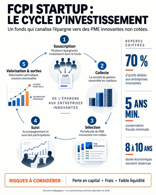Infographie du fonctionnement d’un FCPI startup, de la souscription à la sortie des participations