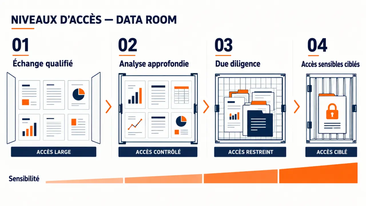 Les quatre niveaux d’accès d’une data room levée de fonds, du premier échange à la due diligence