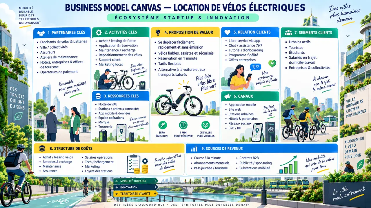 Business Model Canvas : un exemple complet pour remplir les 9 blocs d’une location de vélos électriques