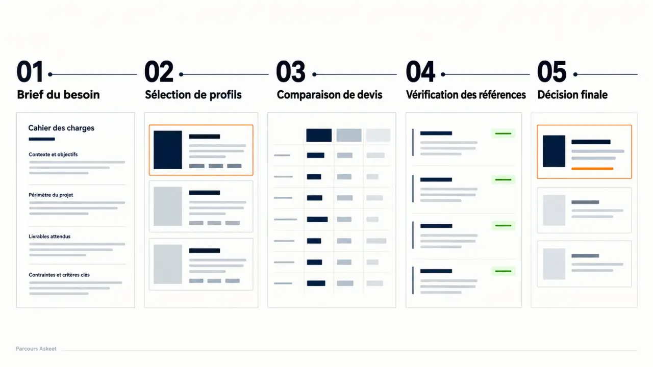 Parcours Askeet pour rechercher un prestataire B2B, comparer les devis et vérifier les références
