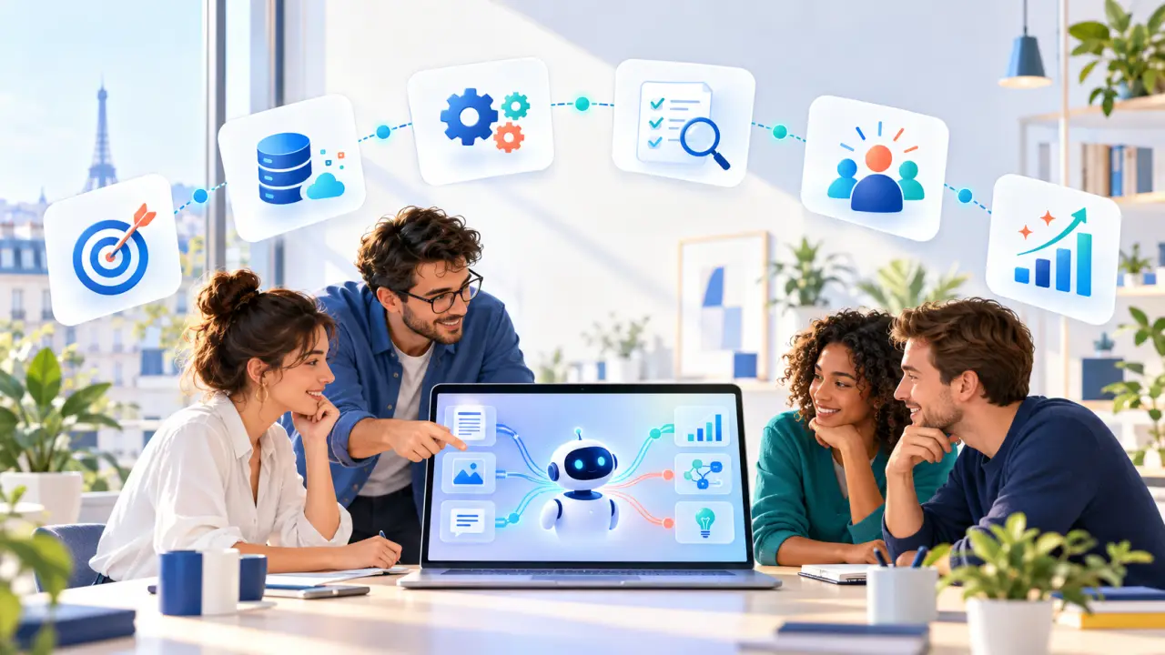 Équipe de PME utilisant un copilote d’intelligence artificielle générative dans un environnement professionnel