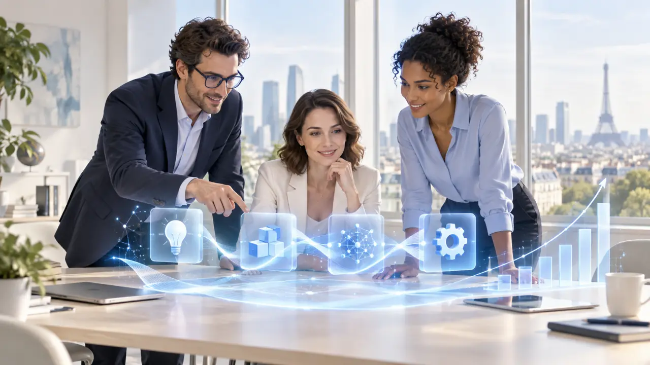 Équipe de PME analysant un tableau de bord consacré à l'intelligence artificielle générative