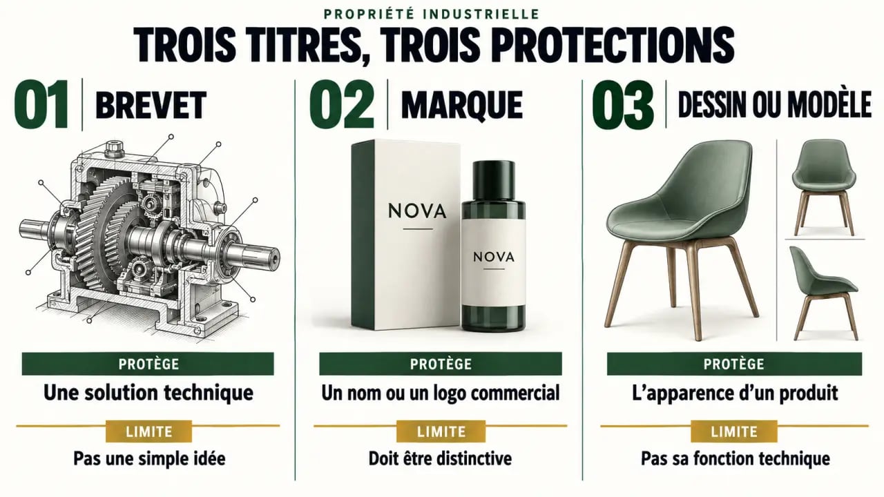 Infographie sur la propriété industrielle : brevet, marque et dessin ou modèle
